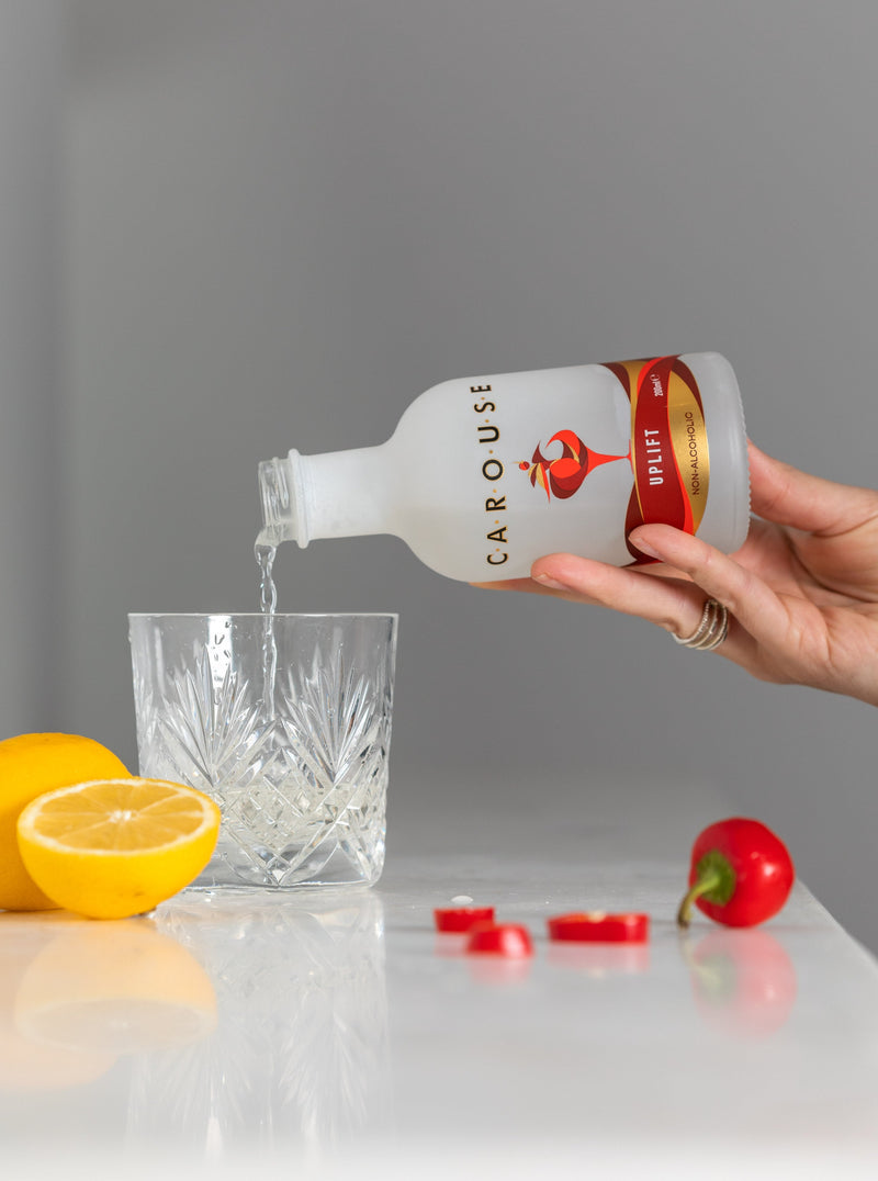 Drink CAROUSE; Pour yourself a glass of UPLIFT with your favourite mixer, get a burst of energy with our vibrant blend of energising botanicals in a no alcohol spirit. 200ml bottle.